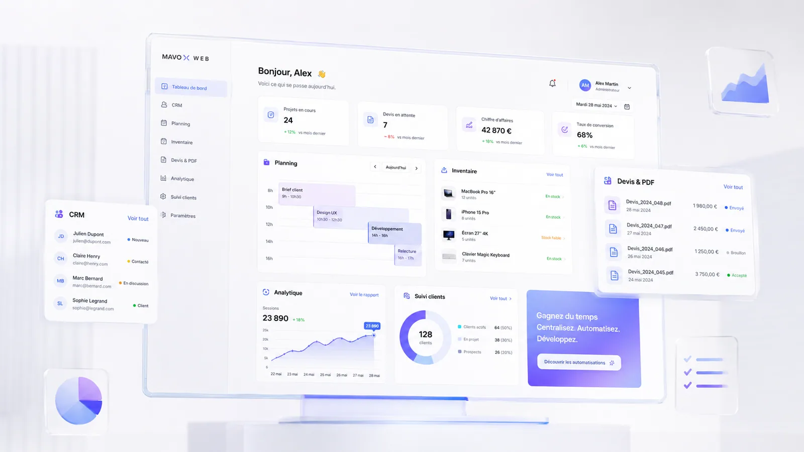 Outil métier Mavox Web : tableau de bord, CRM, planning et devis PDF