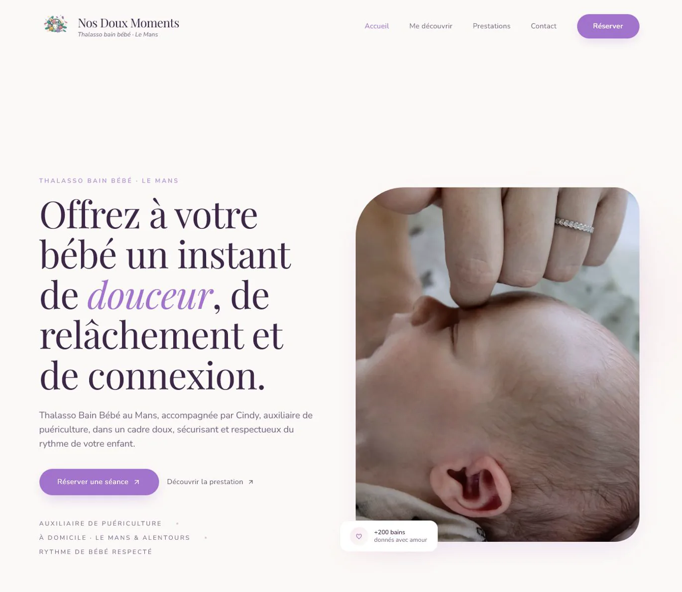 Page d’accueil du site Nos Doux Moments, thalasso bain bébé au Mans, réalisé par Mavox Web
